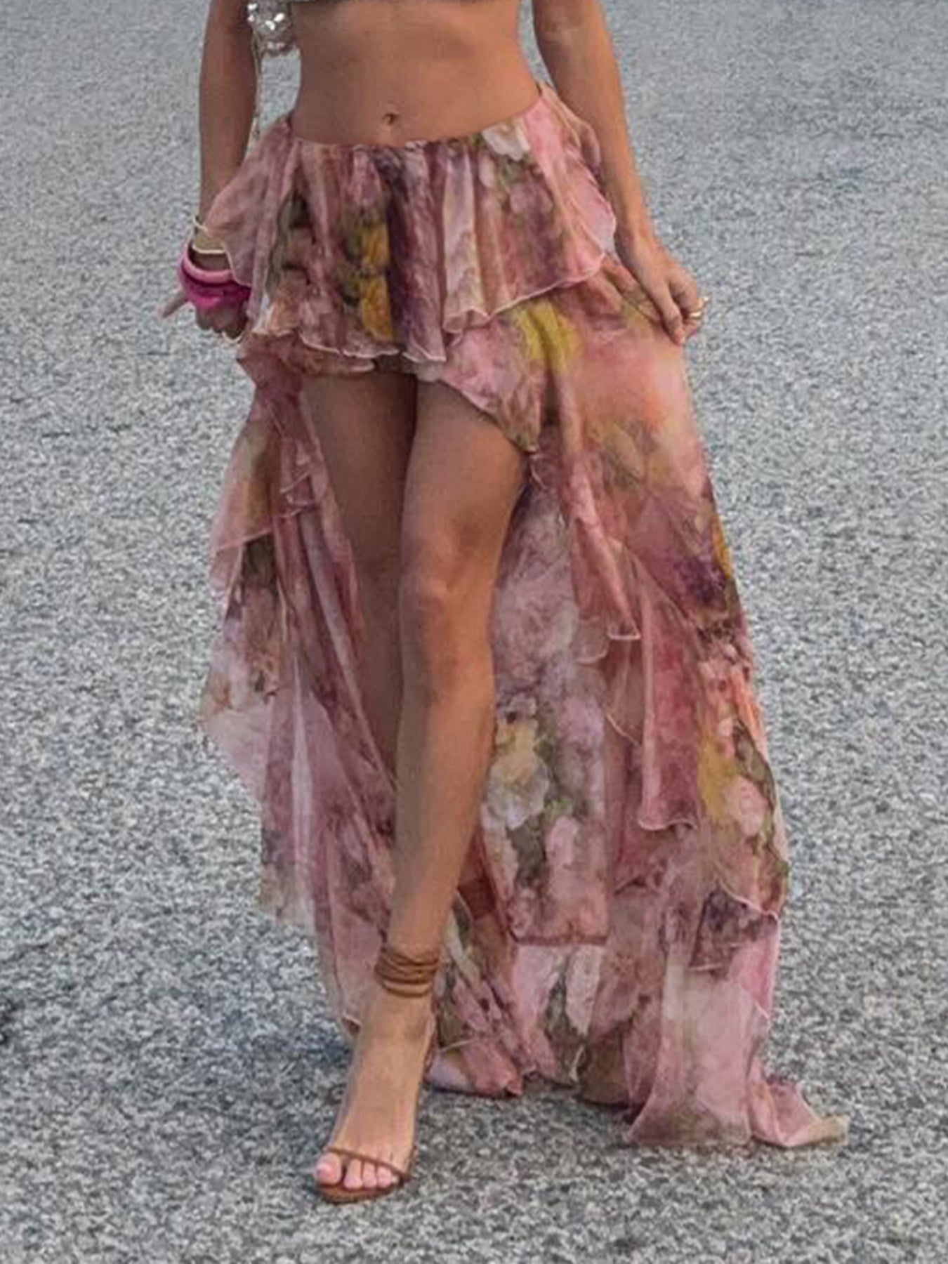 BXOXO - summer inspo Sweetown Beach Boho Floral Print Chiffon Ruffled Skirt Women Asymmetrical Dipped Hem Pink Romantic Elegant Sexy Vacation Skirts