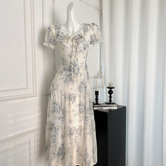 BXOXO - summer inspo Elegant Vintage Beach Long Dress Women Retro Floral Elegant Party Dresses Ladies Slim Short Sleeve Sweet Long Robe Vestidos