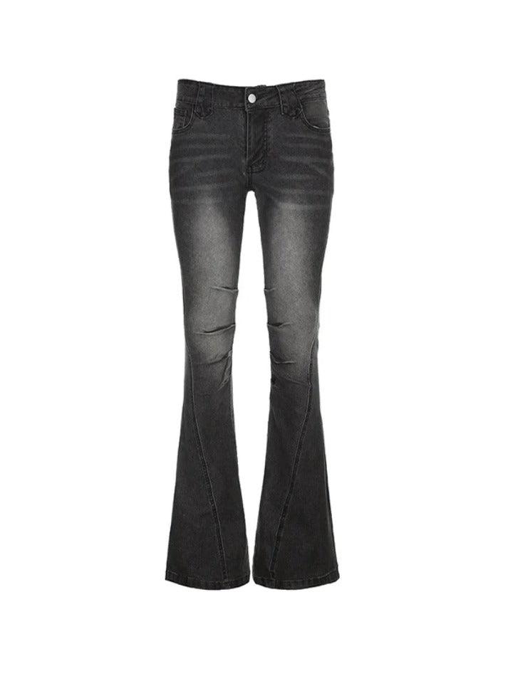 Street Distressed Ruched Splice Low Rise Flare Jeans