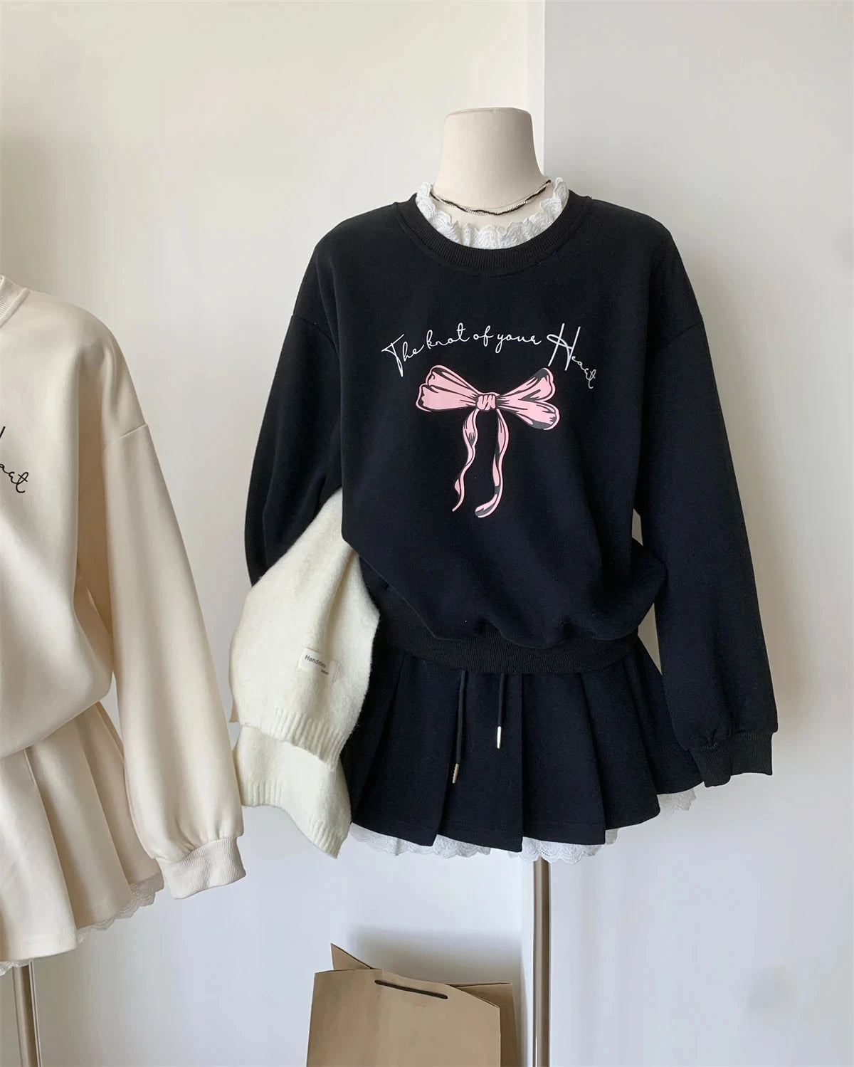 BXOXO Autumn Winter Women Korean Girl Y2k Ballet Core Outfits 2 Piece Set Long Sleeve Sweatshirts + Mini Pleated Lace Patchwork Skirts
