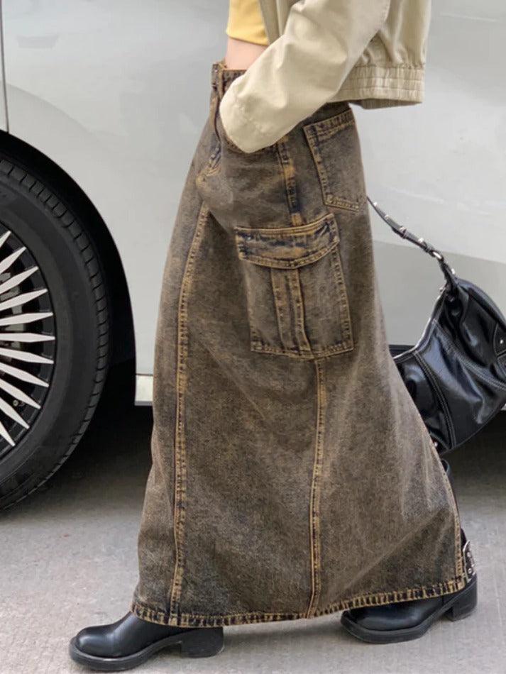 Wash Distressed Big Pocket High Rise Maxi Skirt