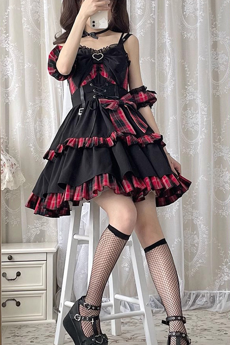 BXOXO - Black/Red Plaid Print Color Contrast Leather Buckle Bowknot Ruffle Gothic Lolita JSK Dress