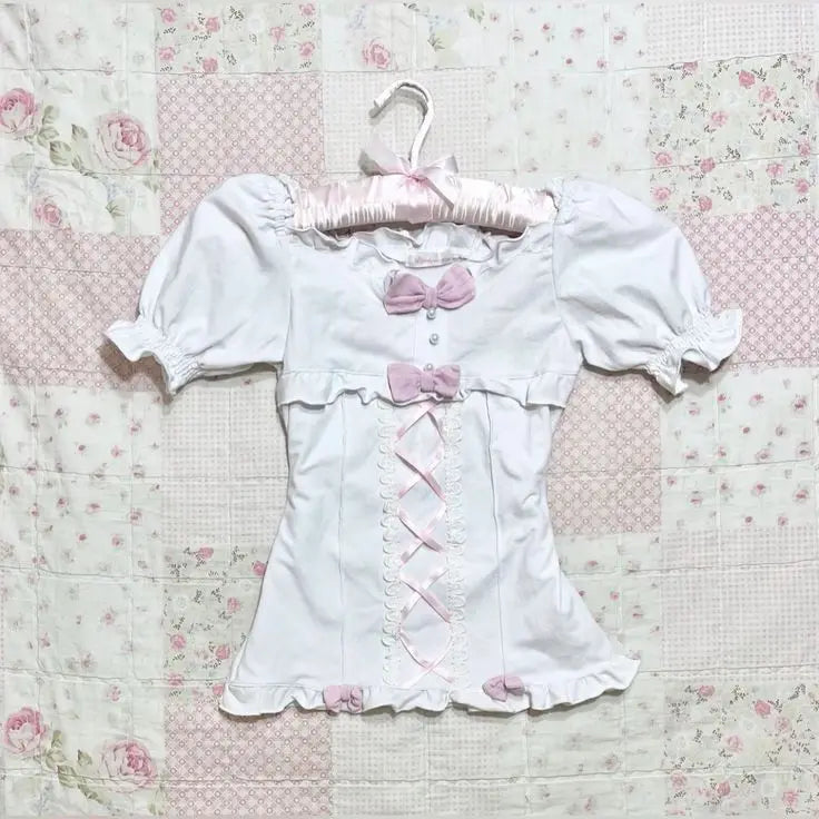 BXOXO Aesthetic 2000S Sweet Crop Top T shirts Kawaii Cute Girl White Bow Casual Harajuku Femme Korea Tee Short sleeve Lace Women Tops