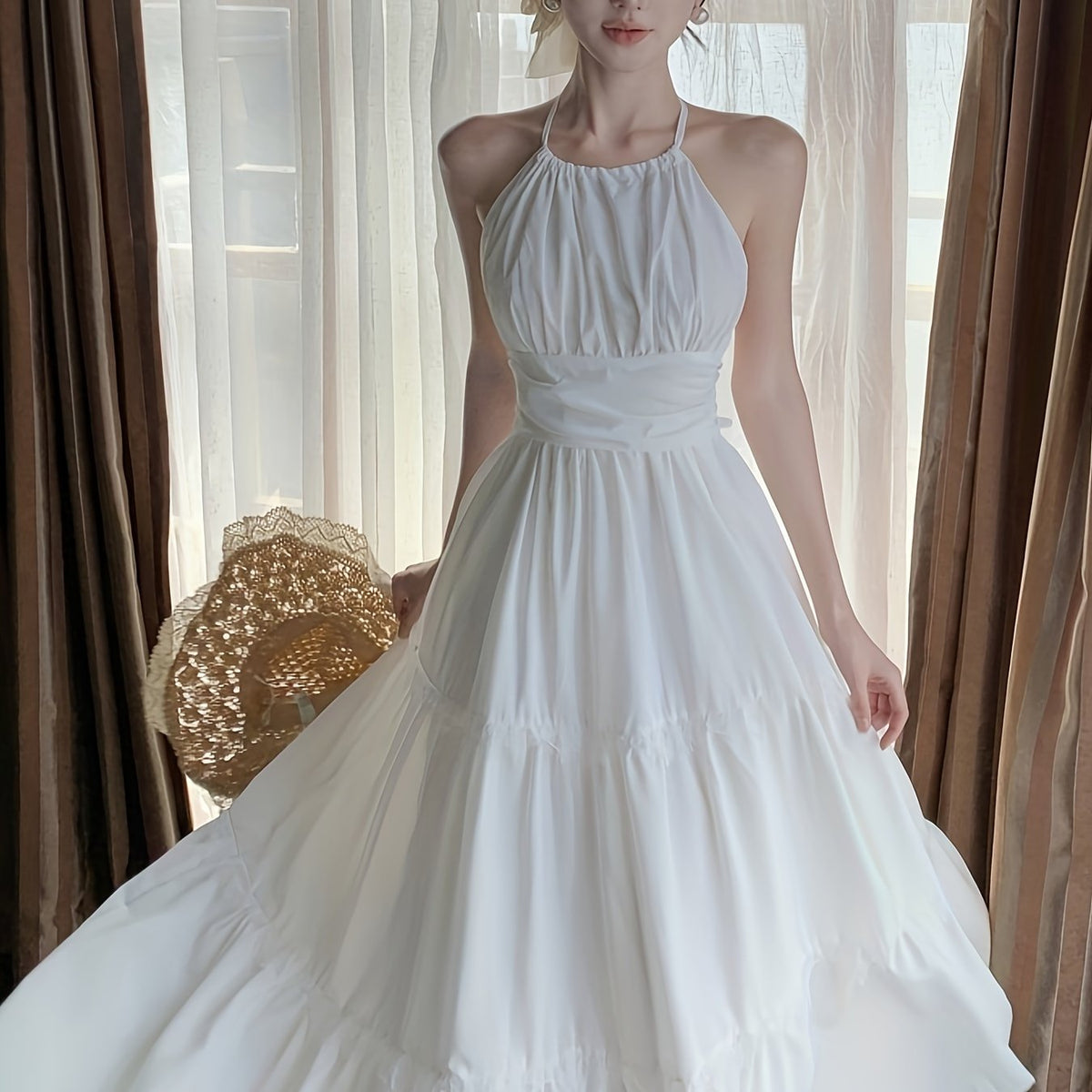 BXOXO Elegant Off-Shoulder Halter Neck Backless Long Dress with Lace Detail - Sleeveless, Tiered Skirt Design for Women, Perfect for Summer Beach Vacations, Beach Vacation Dress | Halter Neck Gown | Lace Detailing