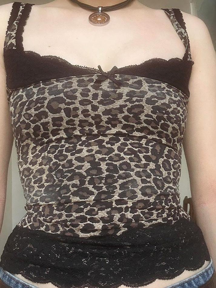 BXOXO - Leopard Print Lace Ruffle Trim Tank Top