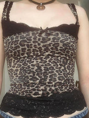 BXOXO - Leopard Print Lace Ruffle Trim Tank Top
