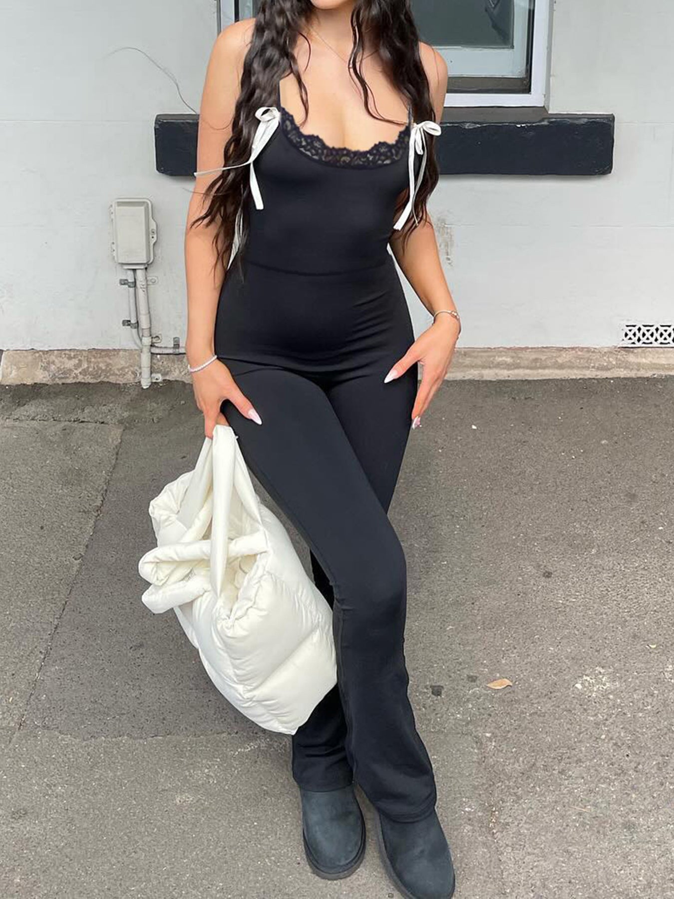 BXOXO - summer inspo Black Solid Sleeveless Skinny Sexy Flared Jumpsuits Women Lace Trim Tie Bow Cute Sweet Y2K Slip Rompers