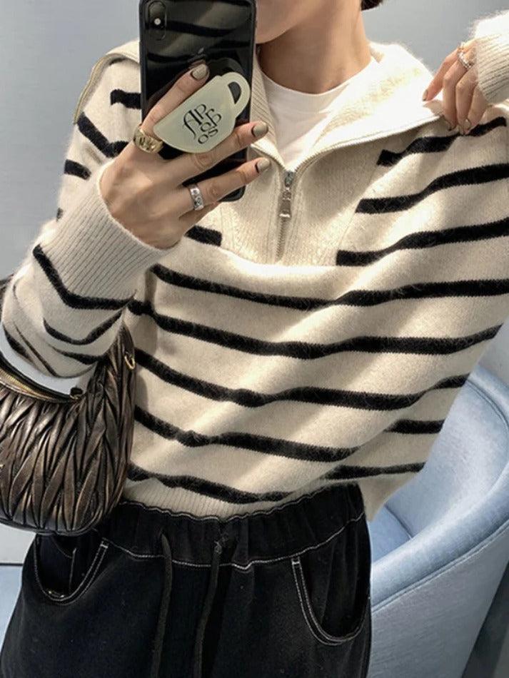 Stripe Splice Lapel Neck Half Zip Sweater