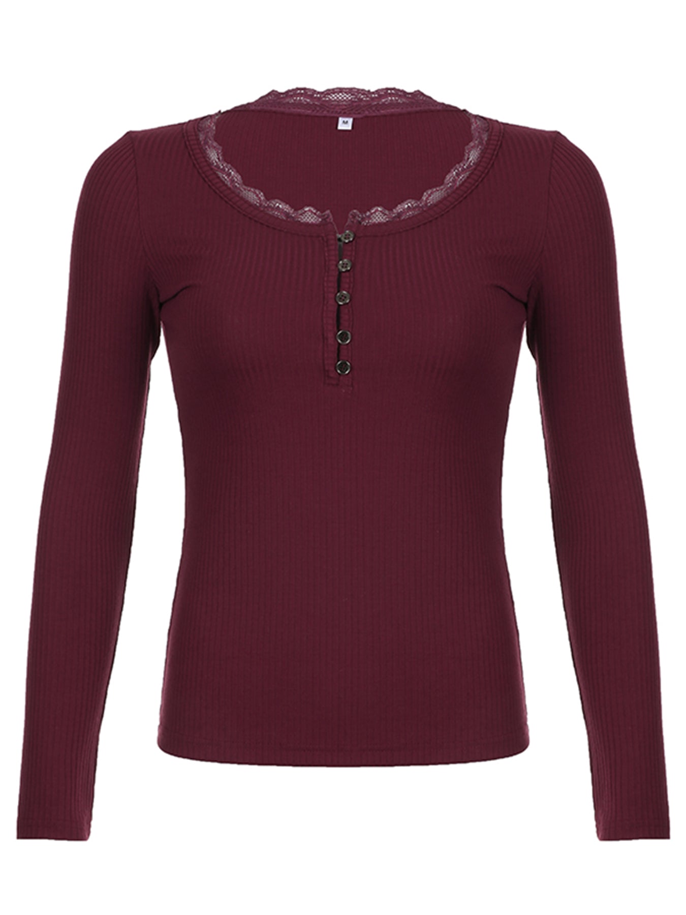 BXOXO - summer inspo Christmas American Retro Red Solid Slim Ribbed T-Shirt Women Button Up Lace Trim O Neck Long Sleeve Spring Auttumn Vintage Tees