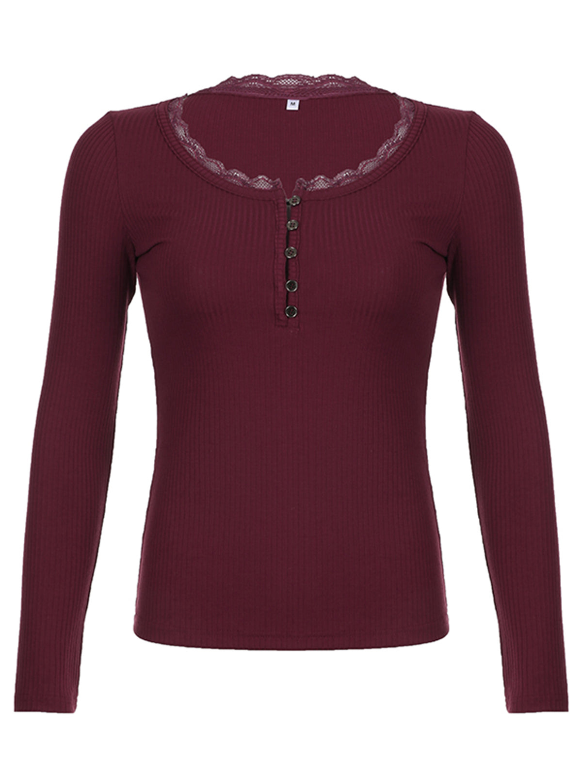 BXOXO - summer inspo Christmas American Retro Red Solid Slim Ribbed T-Shirt Women Button Up Lace Trim O Neck Long Sleeve Spring Auttumn Vintage Tees