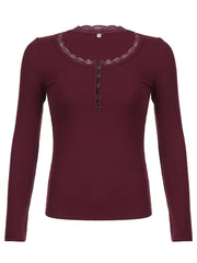 BXOXO - summer inspo Christmas American Retro Red Solid Slim Ribbed T-Shirt Women Button Up Lace Trim O Neck Long Sleeve Spring Auttumn Vintage Tees