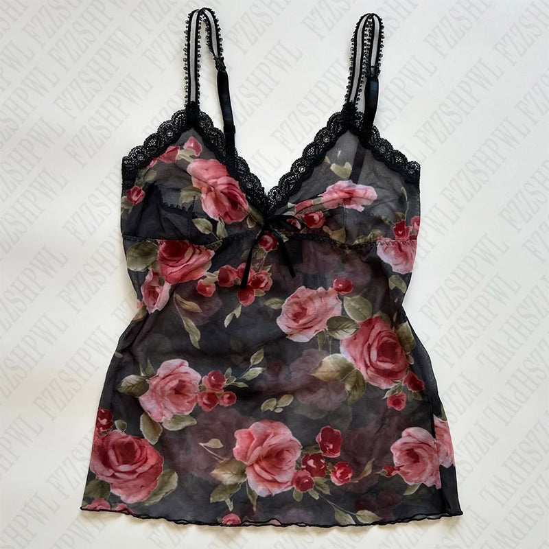 Bxoxo Retro Casual Flower Pattern Printed Women's Sleeveless Camisole All-match Fashion Street Hip-hop Sexy Cute Lace Women's Crop Top