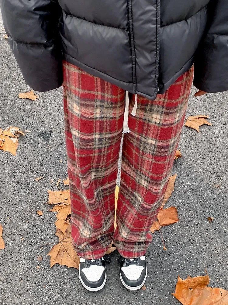 BXOXO Vintage Plaid Pants Women Wide Leg Harajuku Korean Style Red Checked Trousers Y2k Streetwear Classic Pants Warm Winter