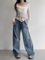 BXOXO Vintage Y2k Jeans Women Baggy Kpop Gyaru Streetwear Wide Blue Denim Pants Harajuku Korean Acubi Fashion High Waist Jeans