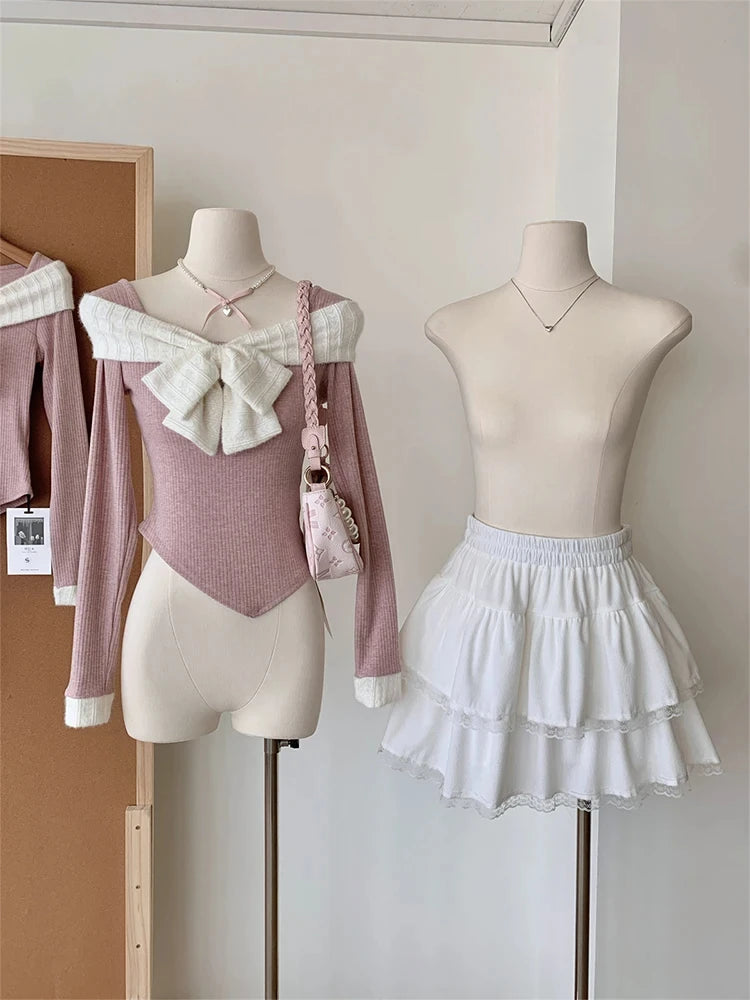 BXOXO Autumn Winter Women Korean Fashion Ballet Core Girl Outfits 2 Piece Set Long Sleeve Sweet Bow Crop Tops + Mini Skirt Coquette