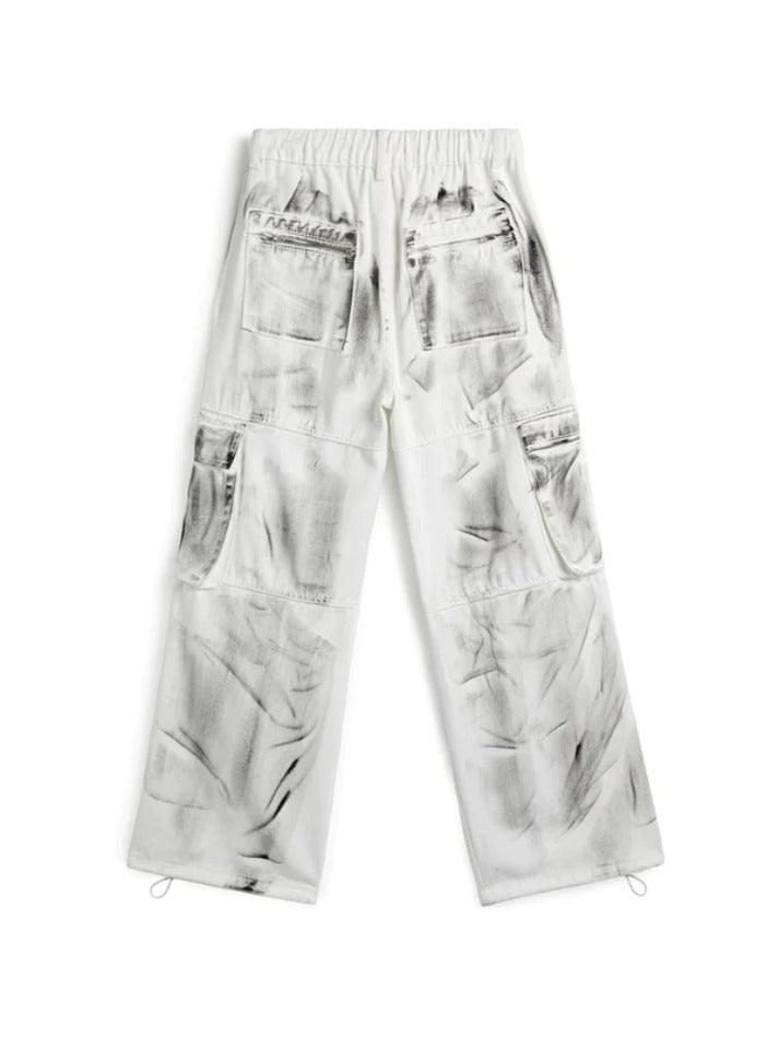 Washed Tie Dye Multi Pocket Lace Up Cargo Jeans