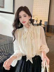 BXOXO Elegant French-Style Stand Collar Long Sleeve Chiffon Blouse with Delicate Bow Detail - Lightweight Polyester, Sheer Fabric, Perfect for Spring/Summer/Fall - Women’s Fashion Top, Elegant Casual Wear | Frenchinspired D