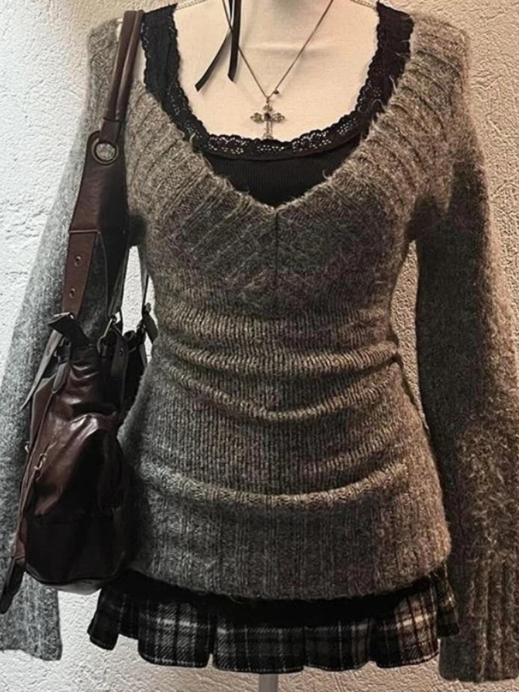 BXOXO Sexy Vintage V-neck Knitted Pullovers Women Retro Y2k Preppy Sweaters Mujer Autumn Fashion Long Sleeve Pullovers Slim