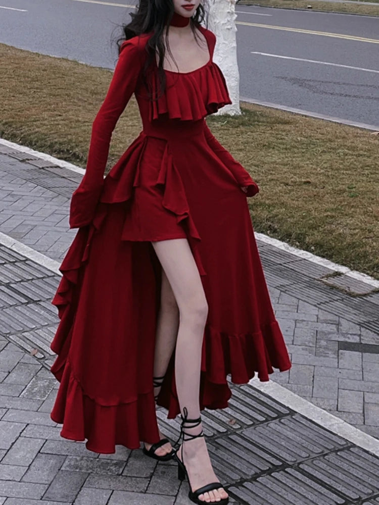 BXOXO party look inspos Spring Red Vintage Elegant Dress Women Flare Sleeve Designer Sweet Long Dress Female Ruffles Retro Princess Irregular Dress