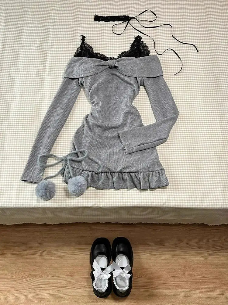 BXOXO Dresses Y2k Harajuku Women Clothes Vintage Long sleeves Slim Punk Sexy Bow Mini Dress Femme Korea Slim Gothic Aesthetic Dresses