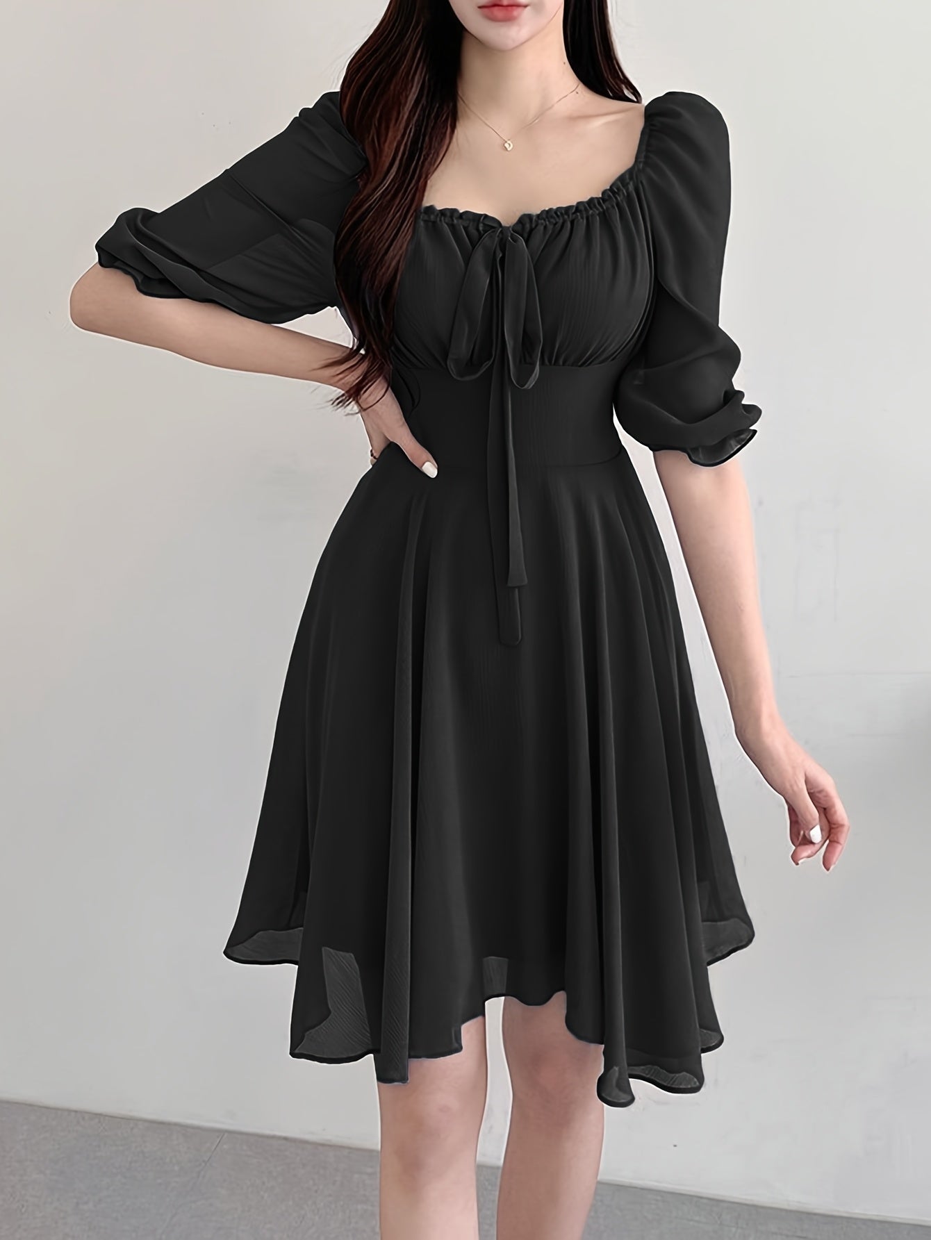 BXOXO Solid Color Square Neck Dress, Elegant Short Sleeve Tie Waist A-line Flowy Dress for Spring & Summer, Women's Clothing