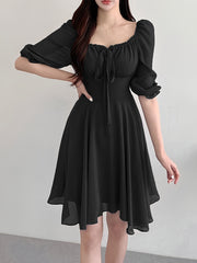 BXOXO Solid Color Square Neck Dress, Elegant Short Sleeve Tie Waist A-line Flowy Dress for Spring & Summer, Women's Clothing