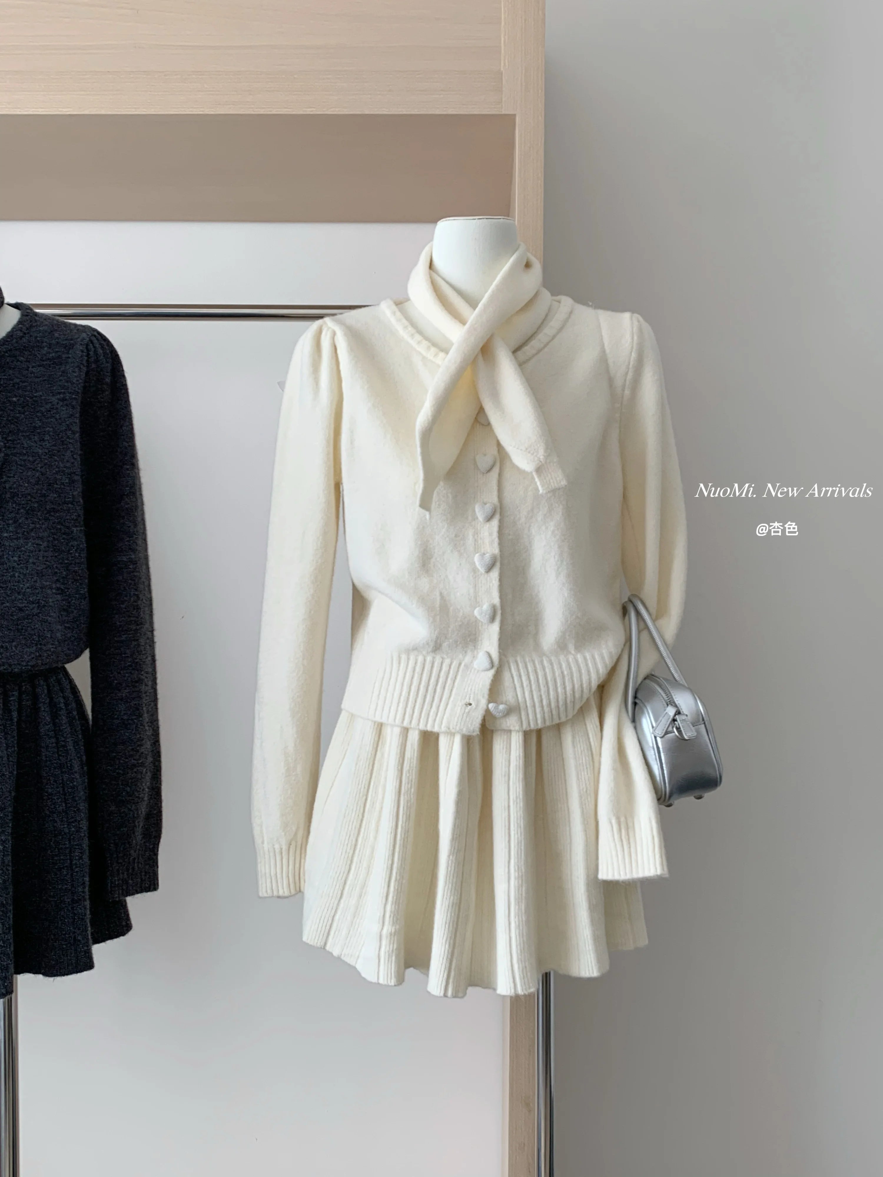 BXOXO Autumn Korean Gentle Elegant Loose 3 Piece Set Women Knitt Heart Button Cardigan+Scarf+Elastic Waist Pleated Skirts Casual Suit