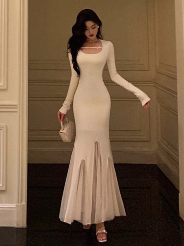 BXOXO party look inspos Elegant Solid Mesh Patchwork Mermaid Knitted Dress for Women Autumn French Slim Long Sleeve Midi Dresses Female Party Prom Robe