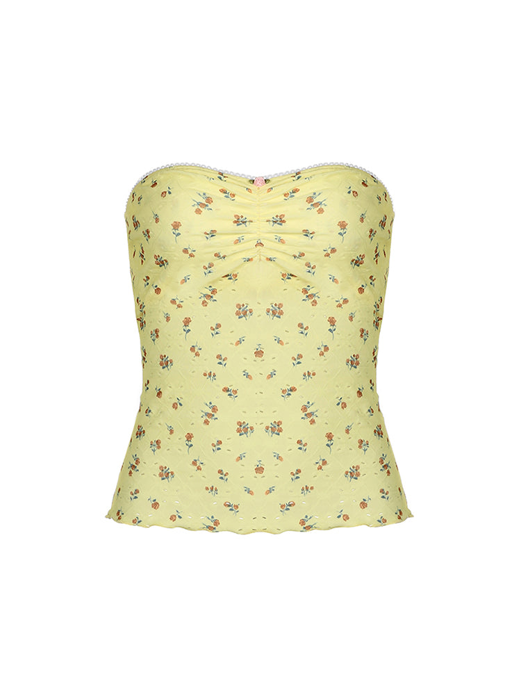 BXOXO - summer inspo Yellow Floral Print Sleeveless Strapless Slim Cute Y2K Tube Top Women Lace Trim Shirring 2000sSummer Holiday Clothing