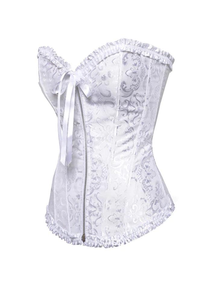 Vintage Print Frill Trim Zip Up Tie Front Corset Top