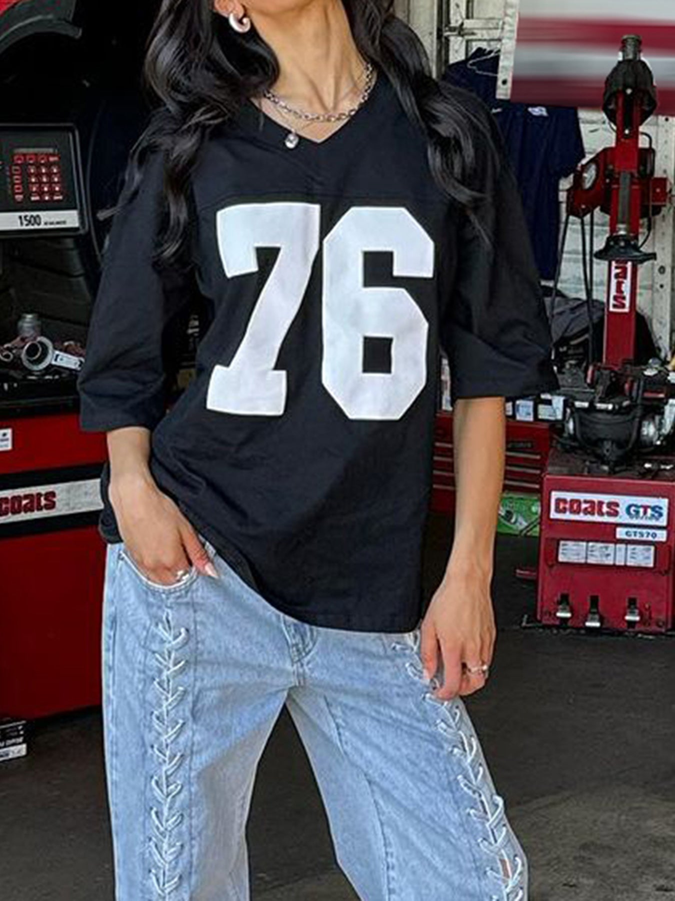 BXOXO - summer inspo Digital Print Casual Loose White T Shirts For Women V Neck Short Sleeve Preppy Streetwear Summer Top Tees Football Jersey