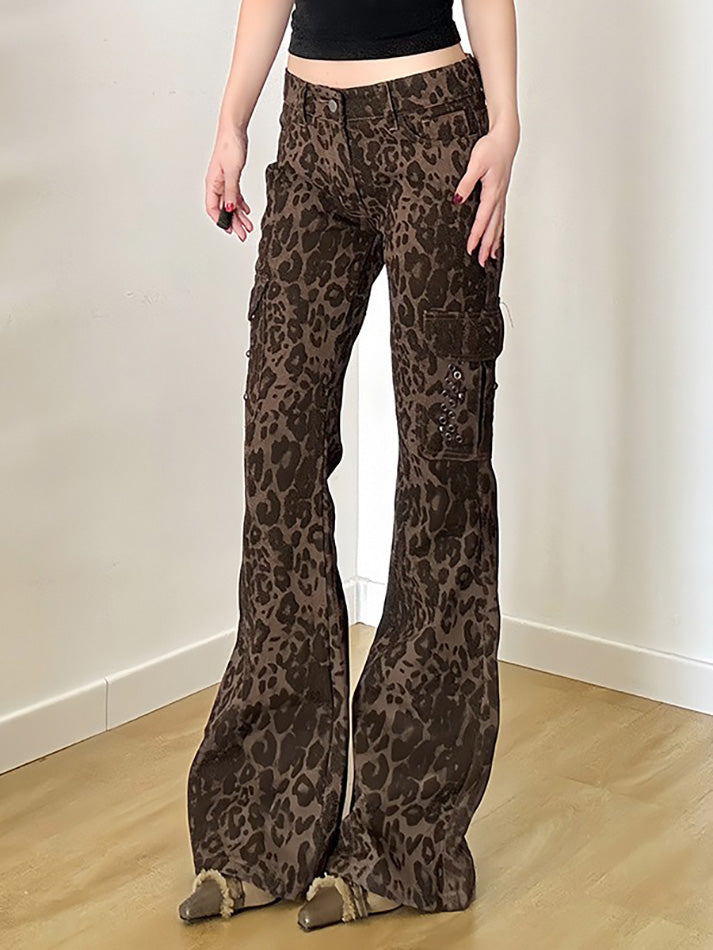 BXOXO - Vintage Leopard Print Multi-Pocket Flared Jeans