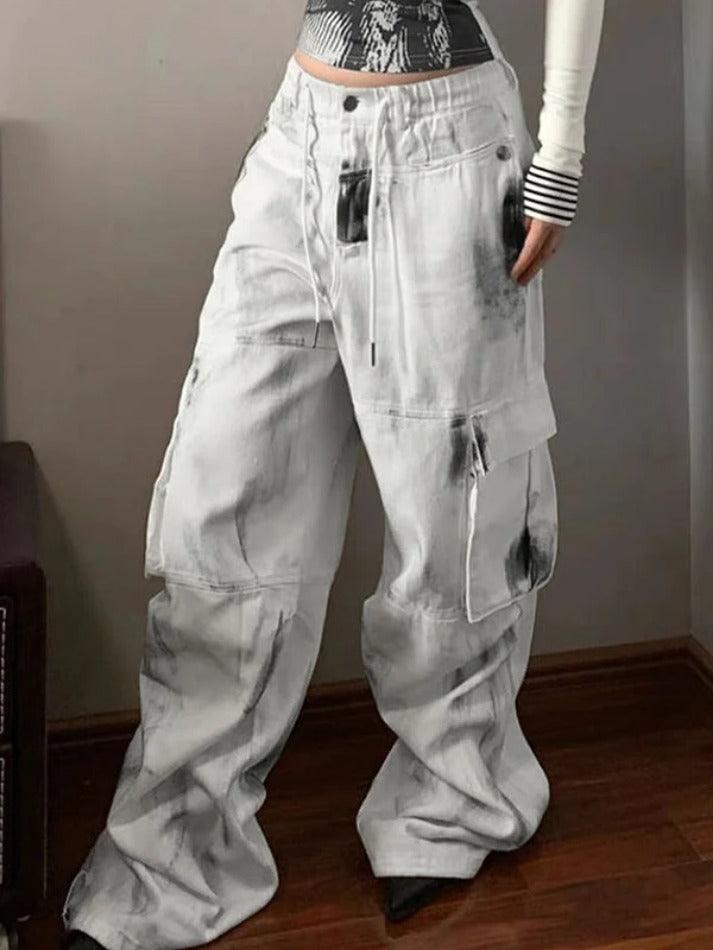 Washed Tie Dye Multi Pocket Lace Up Cargo Jeans