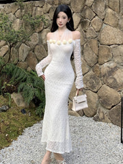 BXOXO party look inspos Elegant Lace Halter Womens Dresses Sexy Mesh Patchwork Long Sleeves Bodycon Mermaid Party Dress Female Casual Vestidos Long Robe