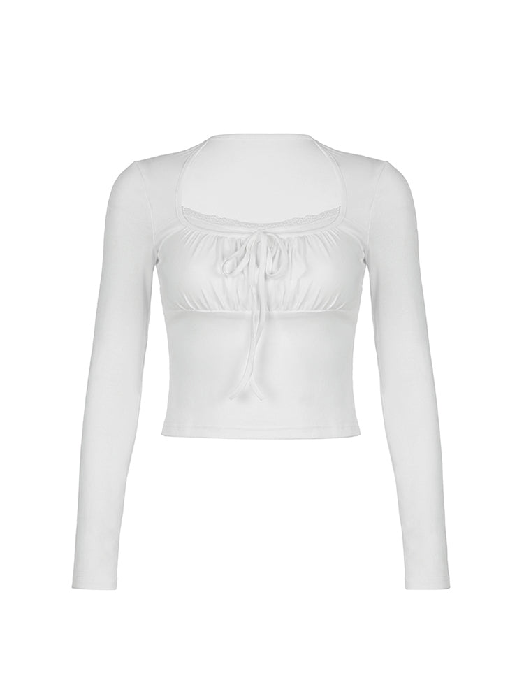 BXOXO - summer inspo Ruched Tie Lace Trim Square Collar Slim Long Sleeve White Y2K T Shirt Women Cute Japanese Kawaii Clothing