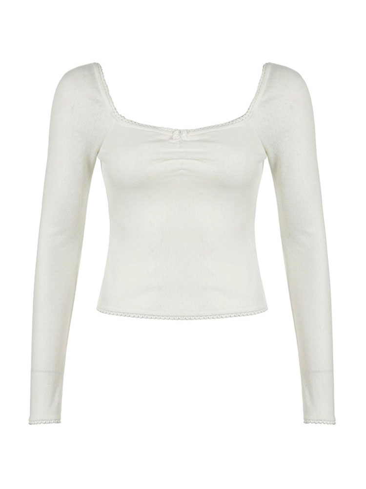 BXOXO - summer inspo Korean Fashion Shirring Bow Square Collar Slim Long Sleeve Black T Shirt Women White Solid Basic Cute Japanese Top Tee