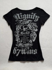 BXOXO Skulls T Shirts Punk Vintage Women Clothes 90s Gothic Sexy American Slim Dark Tees Aesthetic Short sleeve Femme Clothing Y2k Top