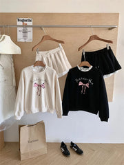 BXOXO Autumn Winter Women Korean Girl Y2k Ballet Core Outfits 2 Piece Set Long Sleeve Sweatshirts + Mini Pleated Lace Patchwork Skirts