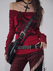 BXOXO Gothic Off Shoulder Women T-shirts Red Harajuku Striped Japanese Y2k AestheticLong Sleeve Tops Vintage Goth Sexy Tshirts