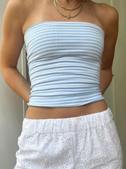 BXOXO - summer inspo Sweetown Blue Stripe Basic Simple Sleeveless Crop Tops Women Strapless Tube Top Y2K Girl 2000s Summer Cute Streetwear Vest
