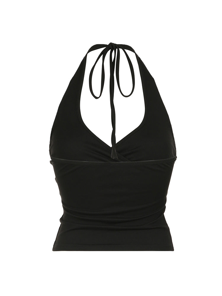 BXOXO - summer inspo Cross Tie Halter V Neck Crop Top Women Solid Basic Casual Slim Backless Sexy Tank Vest