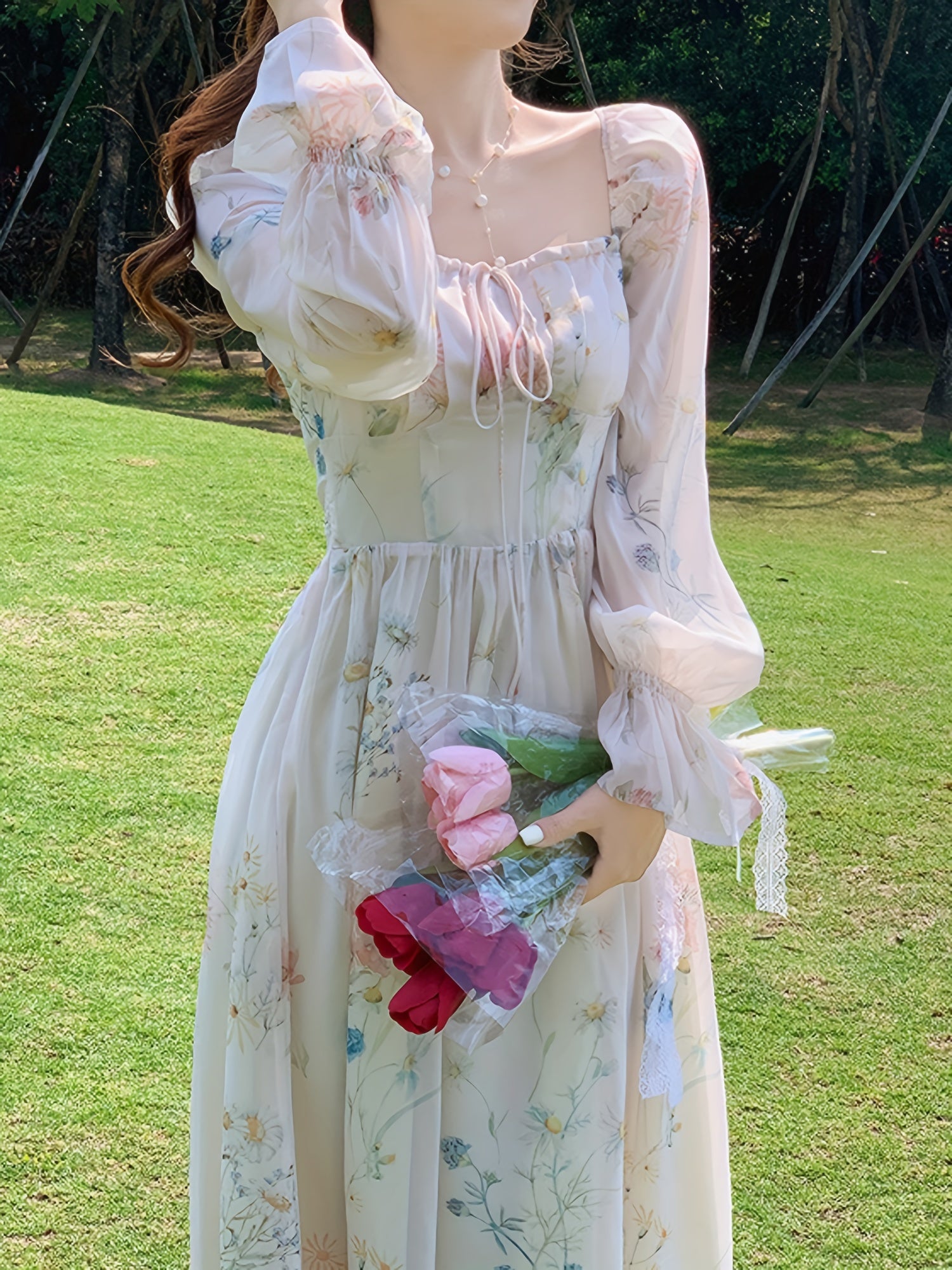 BXOXO Women's Floral Print Square Neck Chiffon Dress with Long Bell Sleeves - Mid-Length H-Line Silhouette, Smocked Detailing & Flowy Umbrella Hem for Casual to Formal Occasions, Floral Print Dress