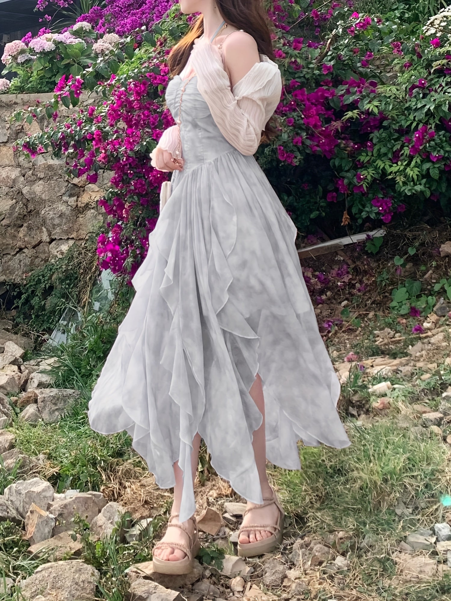 BXOXO [French Style] Cherry Blossom Pink Tie-Dye Suspender Dress - French Style, Gradient Dyeing, Floral Irregular Hem - Women's Summer Vacation Long Dress