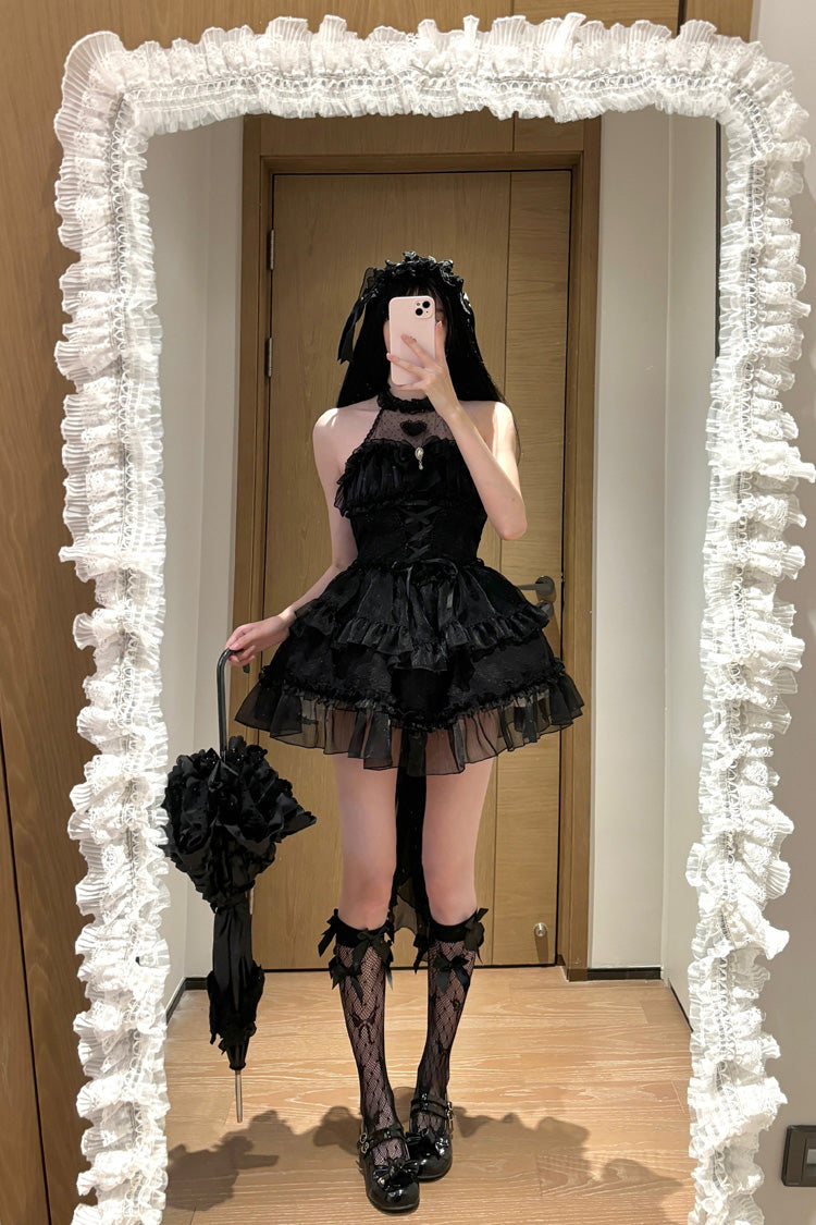 BXOXO Black Halterneck Triple-Layered Bowknot Lace Gothic Lolita Jsk Dress