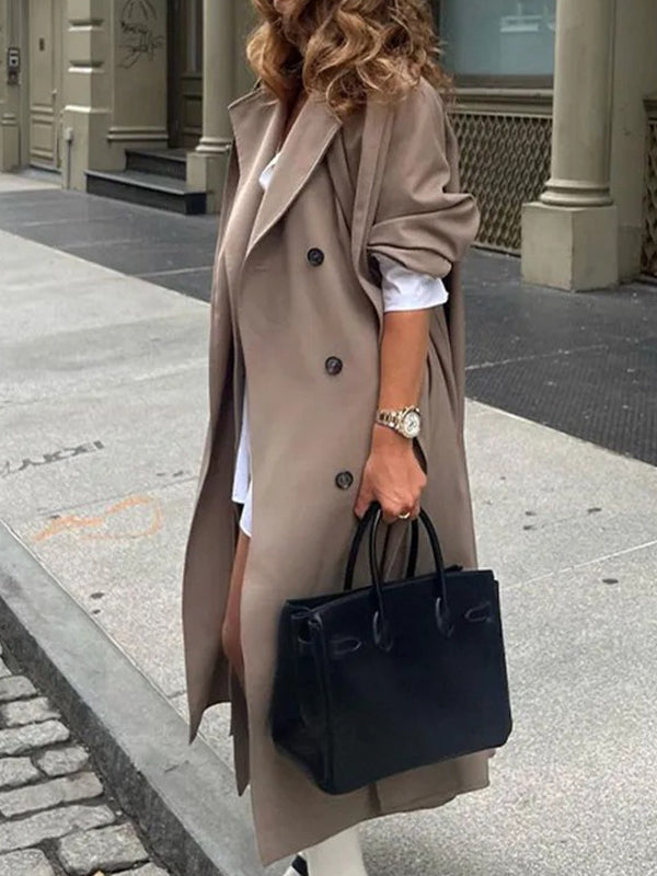 BXOXO Long Sleeves Loose Buttoned Pockets Solid Color Split-Joint Notched Collar Outerwear Trench Coats