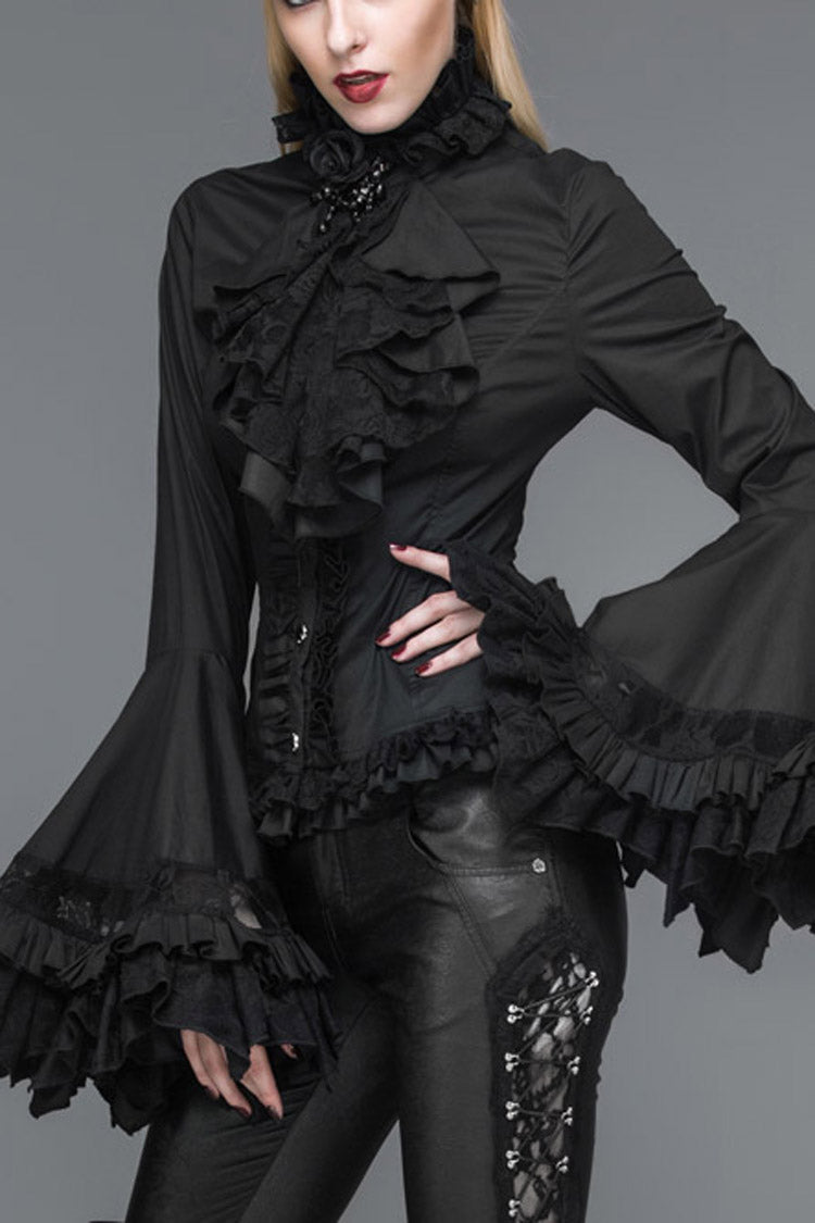 BXOXO Black Vintage Ruffled With Trumpet Sleeves Women's Punk Blouses