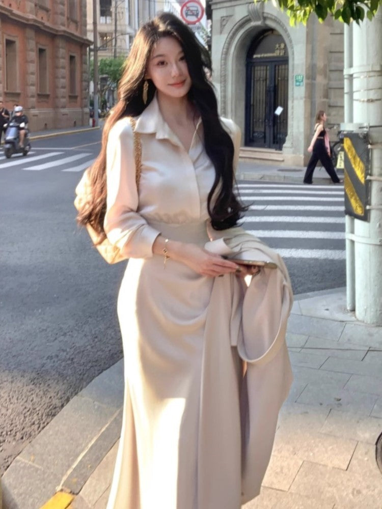 BXOXO party look inspos Korean Elegant Solid 2-piece Skirt Set for Women Long Sleeve Shirt Slim Waist Midi Mermaid Skirt Fashion Office Lady Clothes New