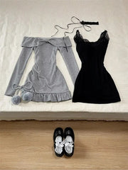 BXOXO Sweet Sexy Lace Patchwork Black Camisole Dress Women+Long Sleeve Slim Fit Y2k Crop Tops Autumn New Two Piece Sets Outfits New