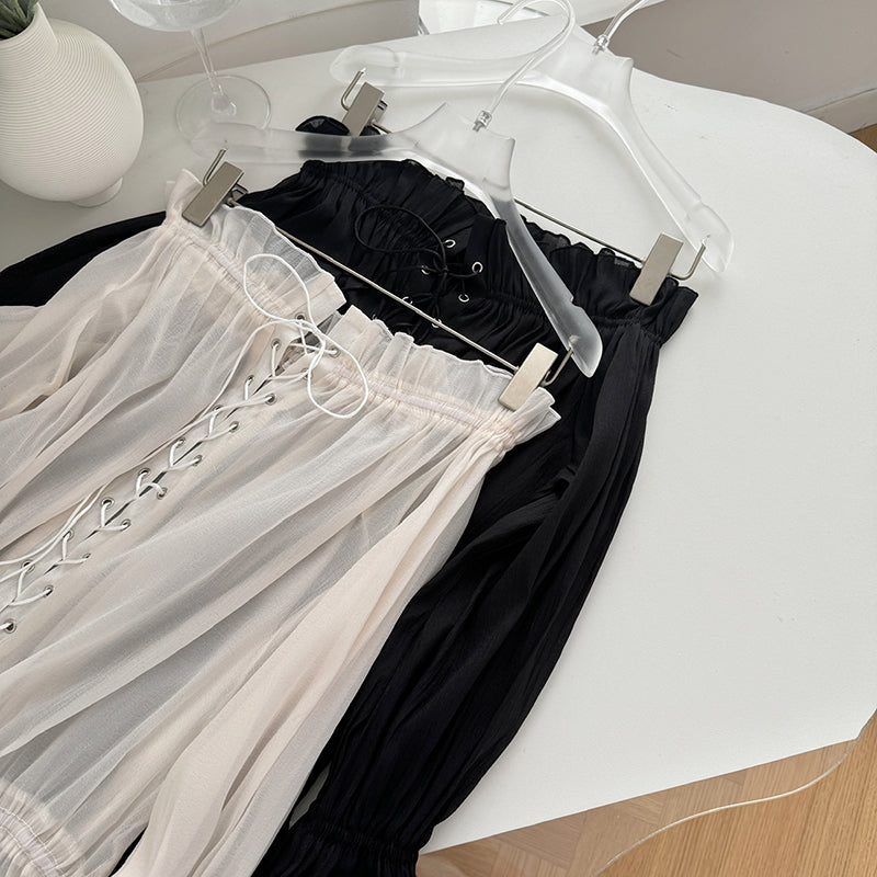 BXOXO - summer inspo Autumn Women Blouse Elegant Chic Shirts Solid Color Slash Neck Sexy Off Shoulder Long Sleeve Loose Blouses Fashionable Retro Top