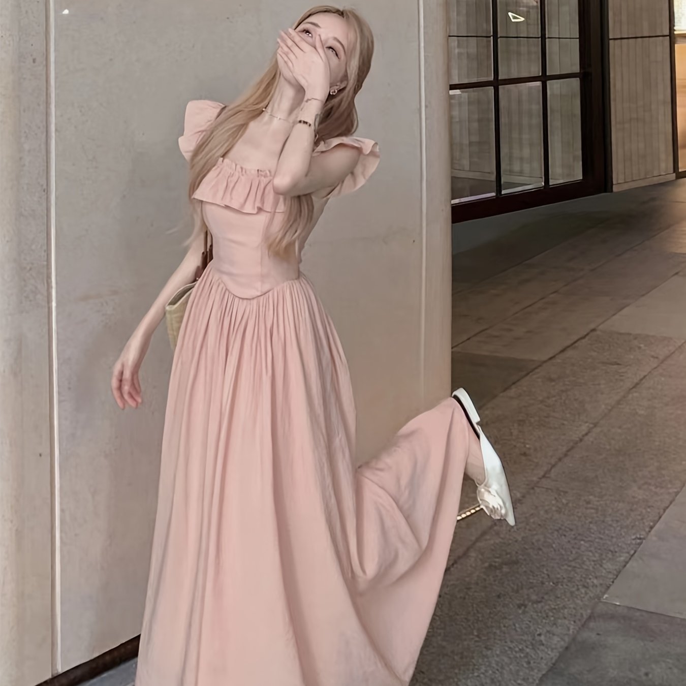 BXOXO DATY Women's Sweet Ruffle Sleeveless Square Neck Long Dress - Flowing A-Line Silhouette, Lightweight Polyester, Perfect for Spring/Summer/Fall, Casual Elegance